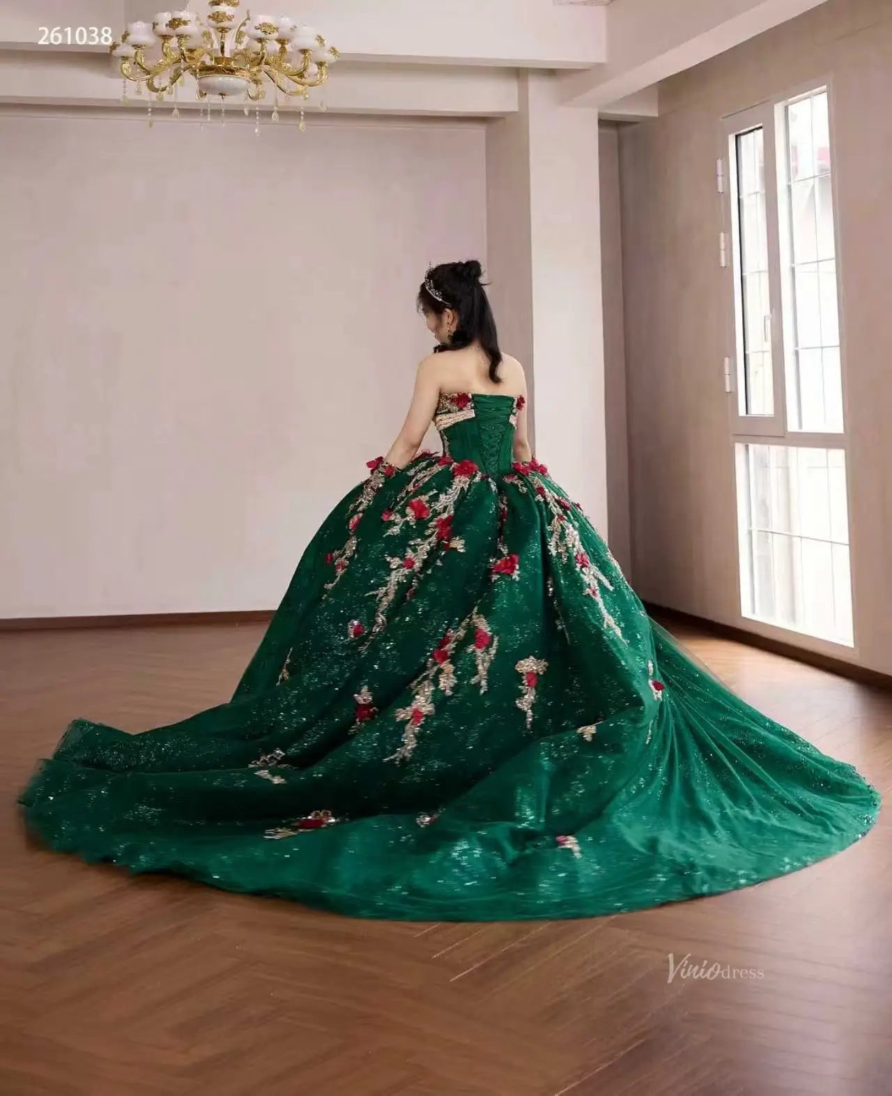 Emerald Green 3D Floral Wedding Dress Gold Applique Ball Gown Viniodress Emerald Green 3D Floral Wedding Dress Gold Applique Ball Gown Viniodress