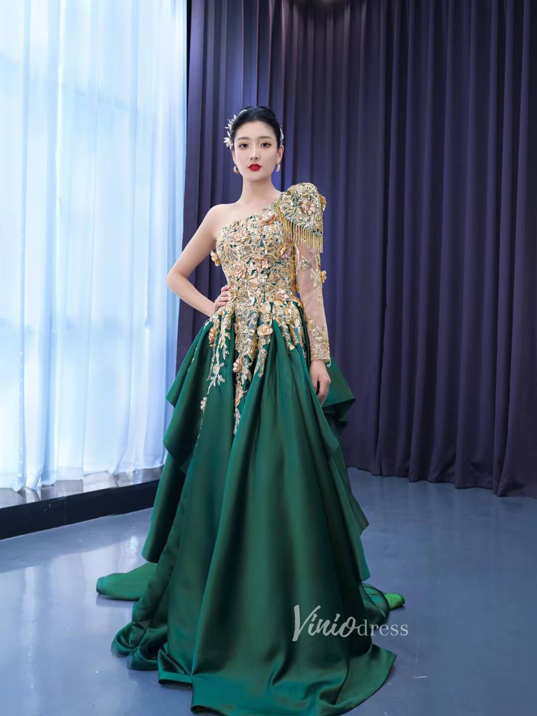 Emerald Green A-line Formal Dress One Shoulder Long Sleeve Prom Pageant Dress 67508-prom dresses 2025 -Viniodress-Green-Custom Size-