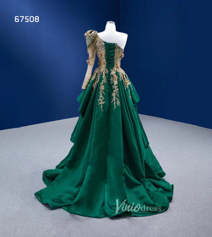 Emerald Green A-line Formal Dress One Shoulder Long Sleeve Prom Pageant Dress 67508-prom dresses 2025 -Viniodress-Green-Custom Size-