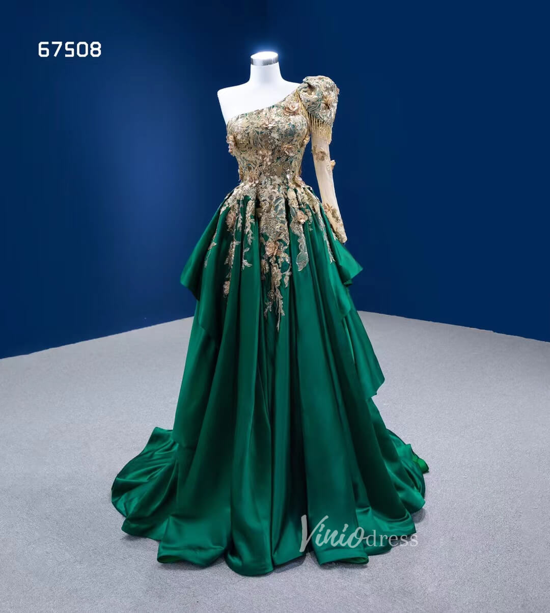 Emerald Green A-line Formal Dress One Shoulder Long Sleeve Prom Pageant Dress 67508-prom dresses 2025 -Viniodress-Green-Custom Size-