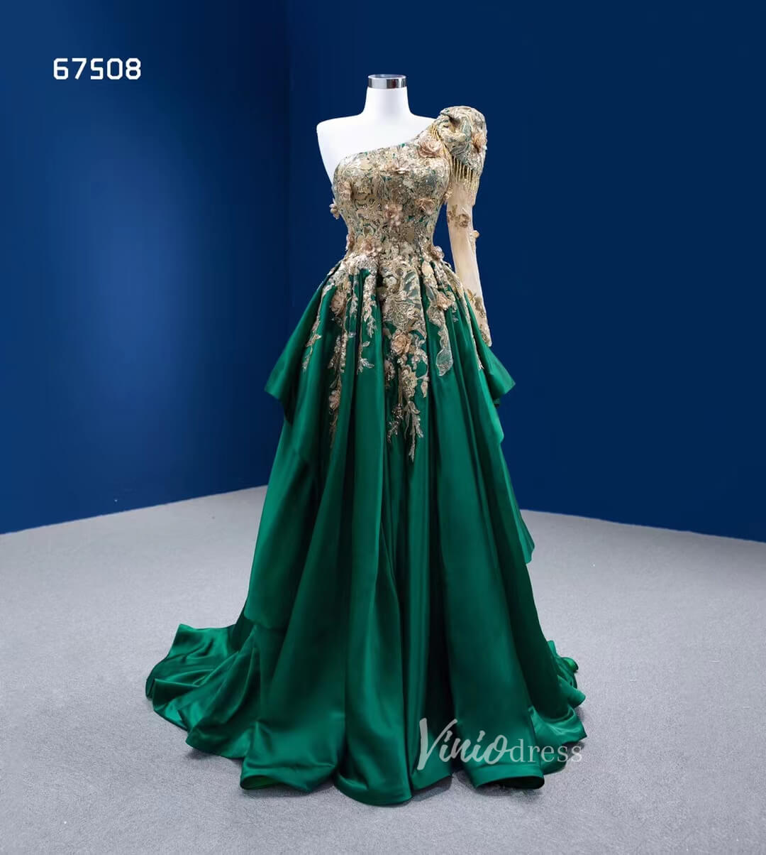 Emerald Green A-line Formal Dress One Shoulder Long Sleeve Prom Pageant Dress 67508-prom dresses 2025 -Viniodress-Green-Custom Size-