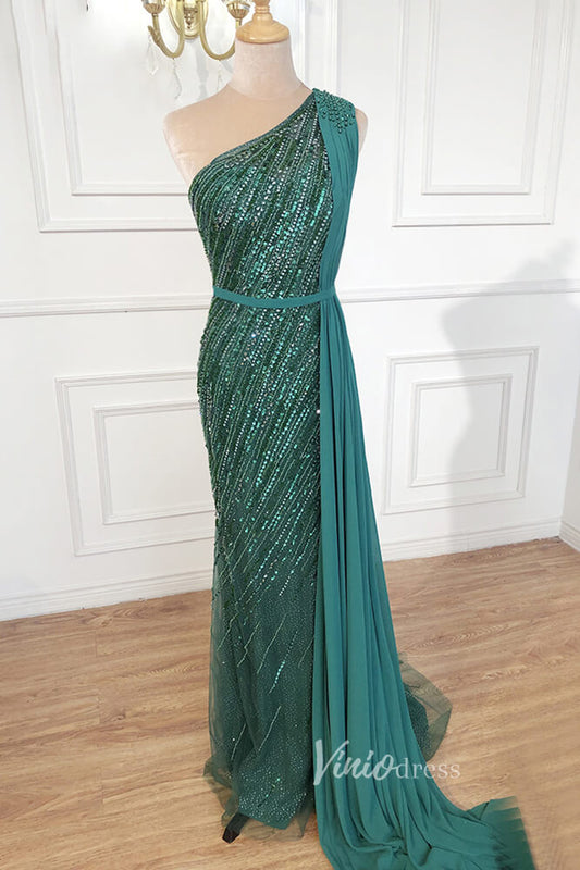 Prom Dress 2025 Emerald Green Beaded Mermaid Formal Dresses One Shoulder Pageant Dress FD3003-unique prom dresses-Emerald Green-US 2-Viniodress