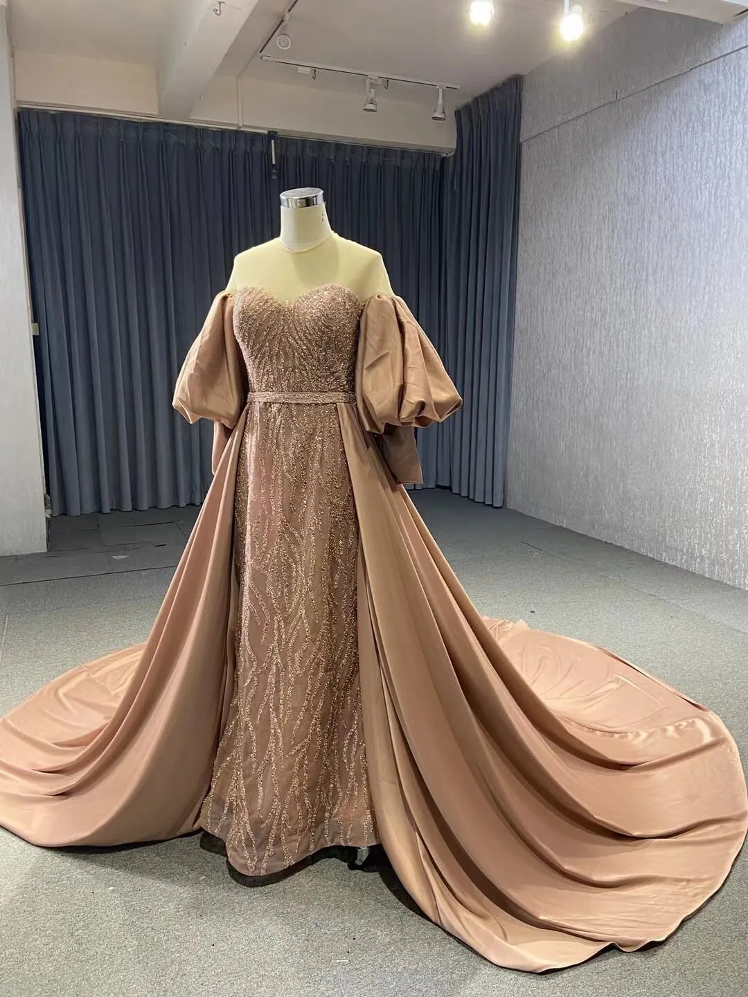 Emerald Green Beaded Satin Overskirt Prom Dresses Pageant Gown 67428-prom dresses 2025 -Viniodress-Emerald Green-Custom Size-