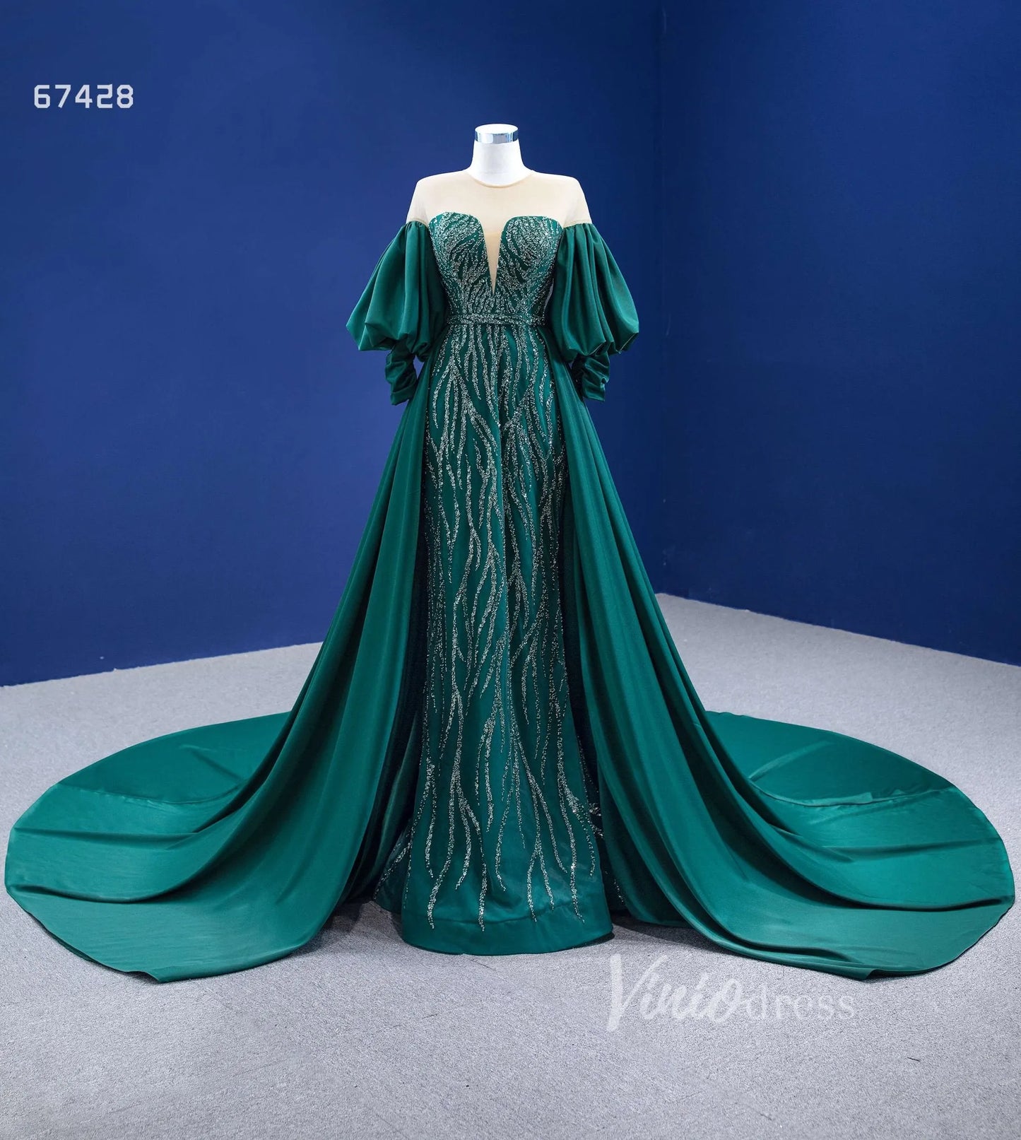 Emerald Green Beaded Satin Overskirt Prom Dresses Pageant Gown 67428-prom dresses 2025 -Viniodress-Emerald Green-Custom Size-