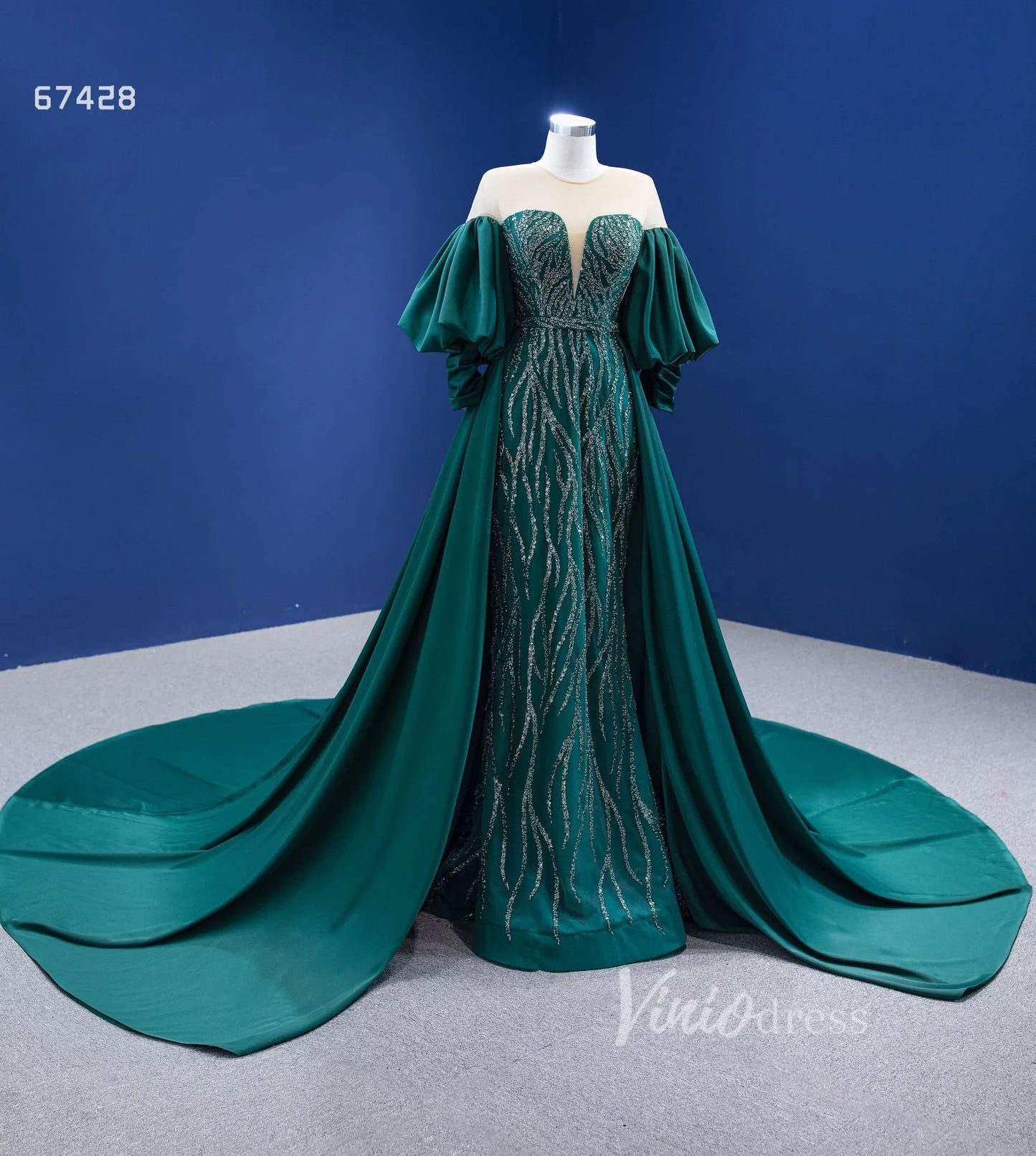 Emerald Green Beaded Satin Overskirt Prom Dresses Pageant Gown 67428-prom dresses 2025 -Viniodress-Emerald Green-Custom Size-