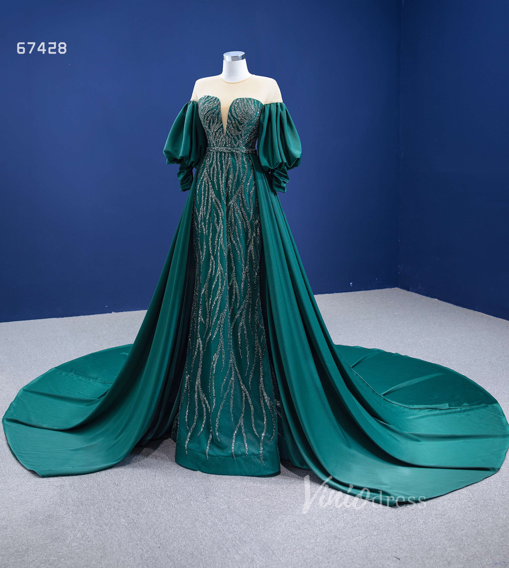 Prom Dress 2025 Emerald Green Beaded Satin Overskirt Prom Dresses Pageant Gown 67428-unique prom dresses-Emerald Green-Custom Size-Viniodress