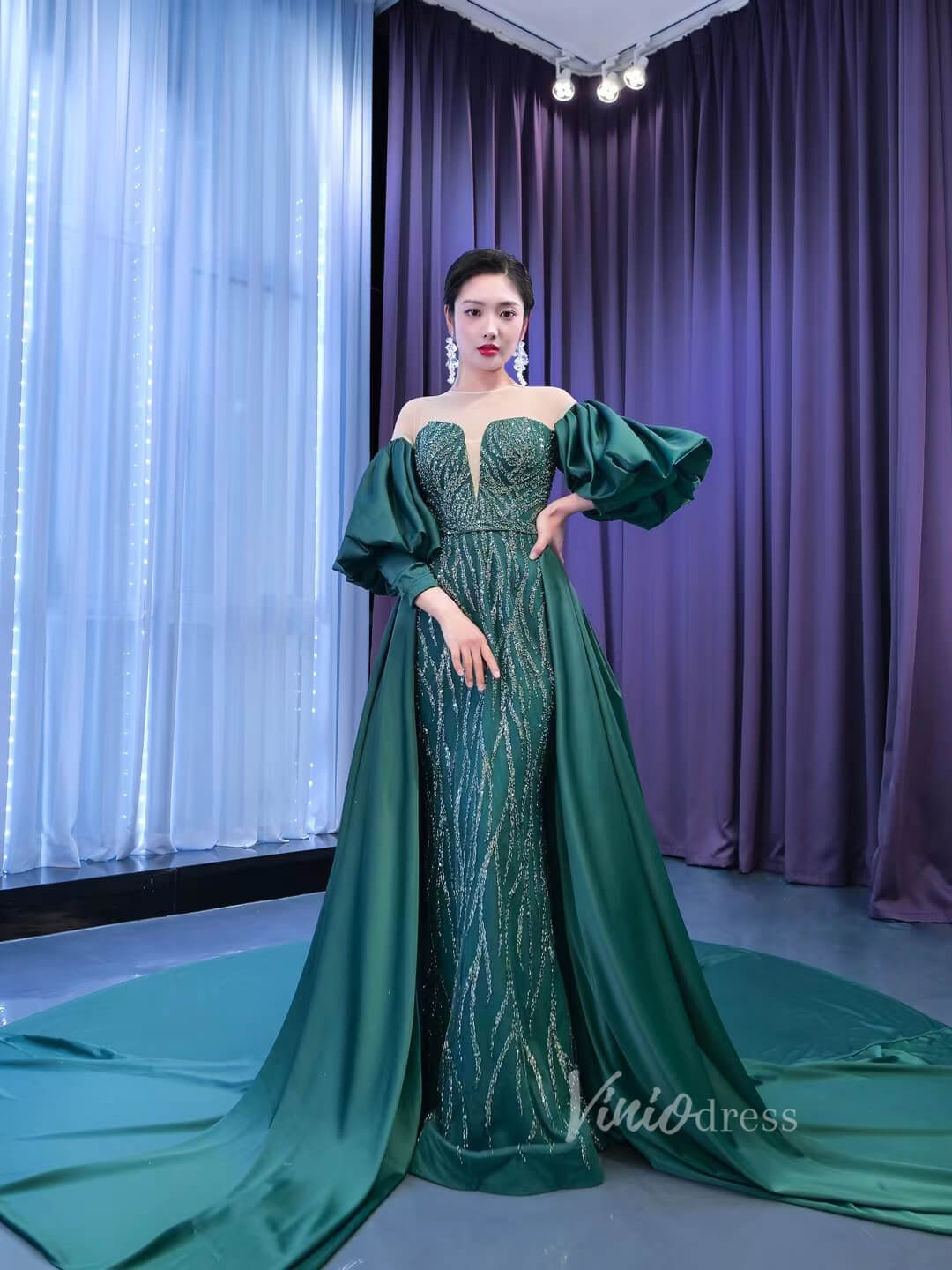 Emerald Green Beaded Satin Overskirt Prom Dresses Pageant Gown 67428-prom dresses-Viniodress-Emerald Green-Custom Size-Viniodress