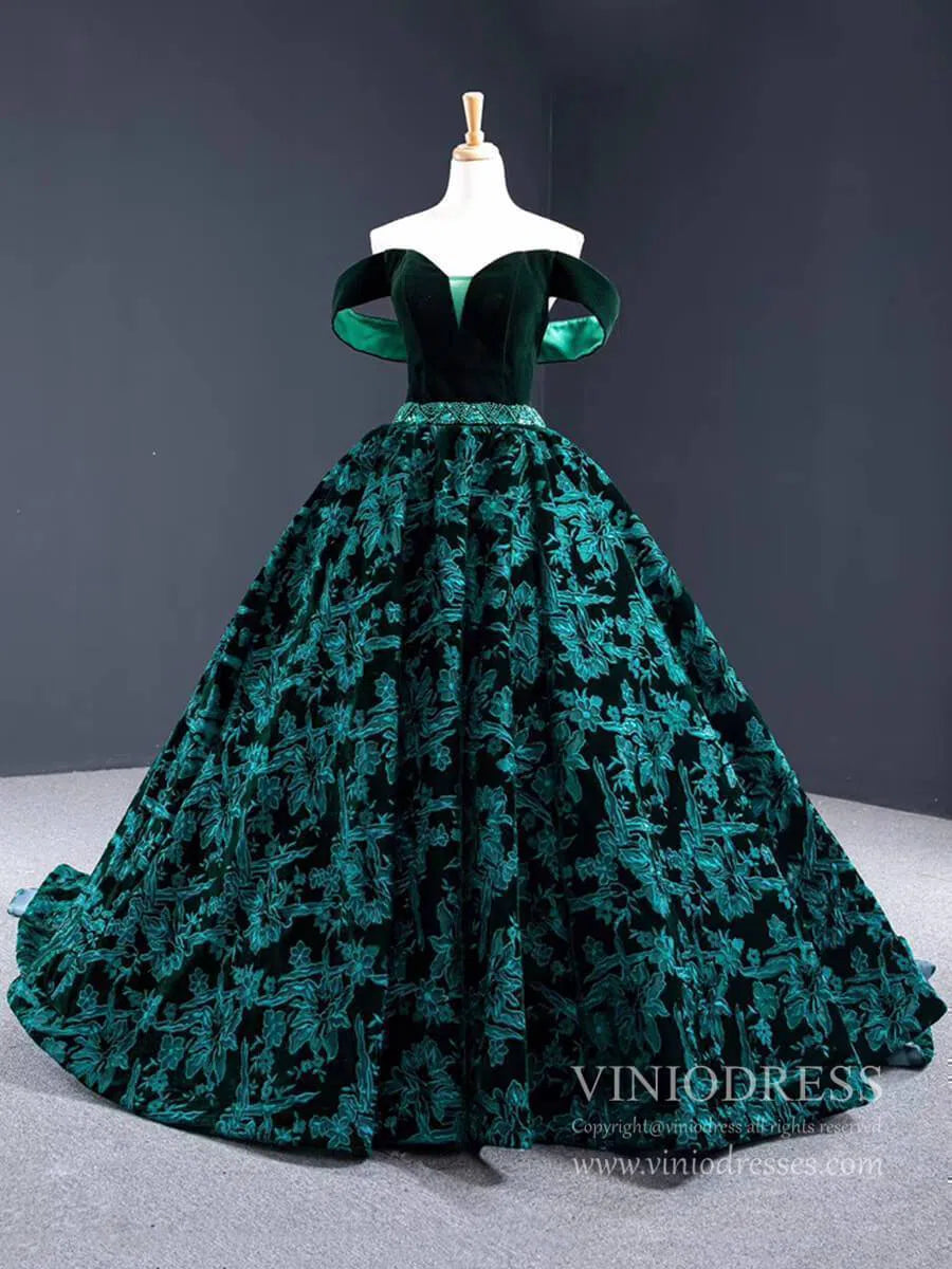 Emerald Green Floral Prom Dresses Vintage Lace Ball Gowns FD1145 viniodress-prom dresses-Viniodress-Viniodress