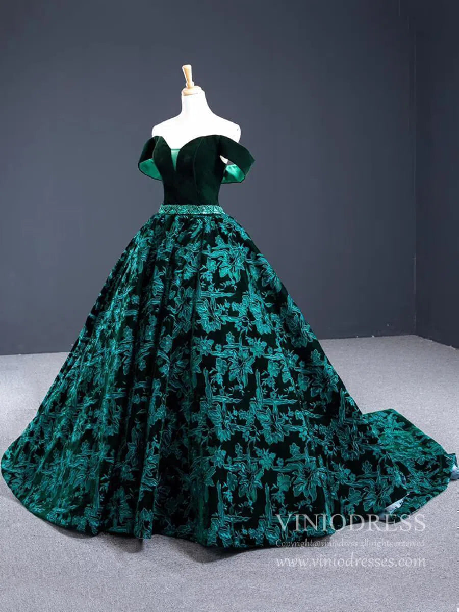 Emerald Green Floral Prom Dresses Vintage Lace Ball Gowns FD1145 viniodress-prom dresses-Viniodress-Viniodress