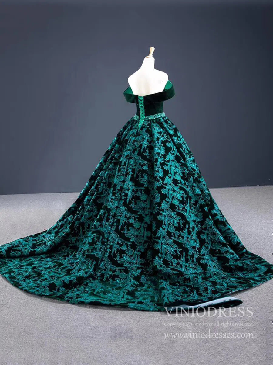 Emerald Green Floral Prom Dresses Vintage Lace Ball Gowns FD1145 viniodress-prom dresses-Viniodress-Viniodress