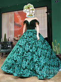 Emerald Green Floral Prom Dresses Vintage Lace Ball Gowns FD1145 viniodress