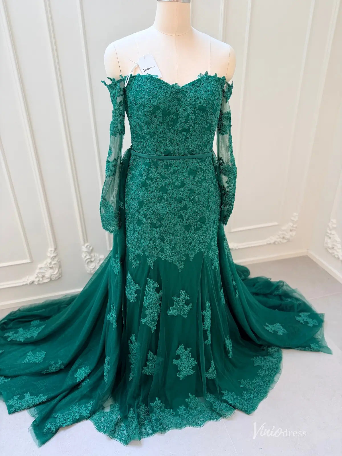 Emerald Green Lace Mermaid Wedding Dress with Detachable Overskirt –  Viniodress