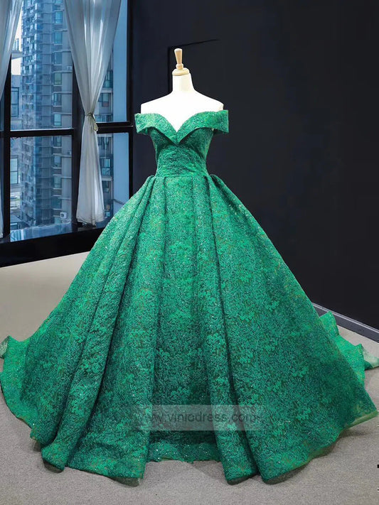 Emerald Green Lace Princess Prom Dresses Modest Ball Gowns FD1302 viniodress-prom dresses 2025 -Viniodress-Emerald Green-Custom Size-