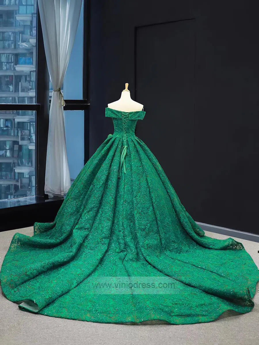 Emerald Green Lace Princess Prom Dresses Modest Ball Gowns FD1302 vini   Viniodress