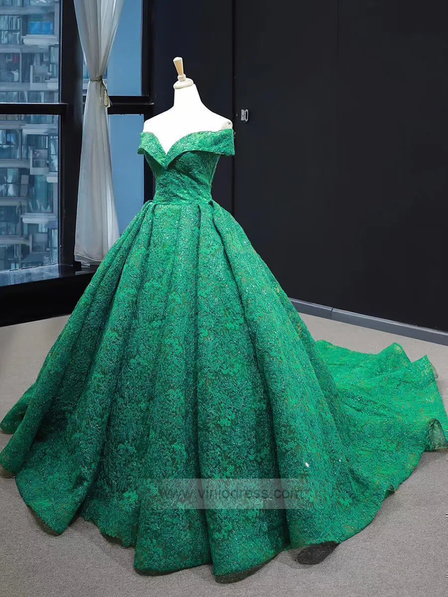 Emerald Green Lace Princess Prom Dresses Modest Ball Gowns FD1302 vini –  Viniodress