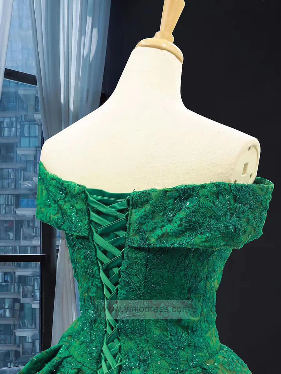 Emerald Green Lace Princess Prom Dresses Modest Ball Gowns FD1302 vini –  Viniodress