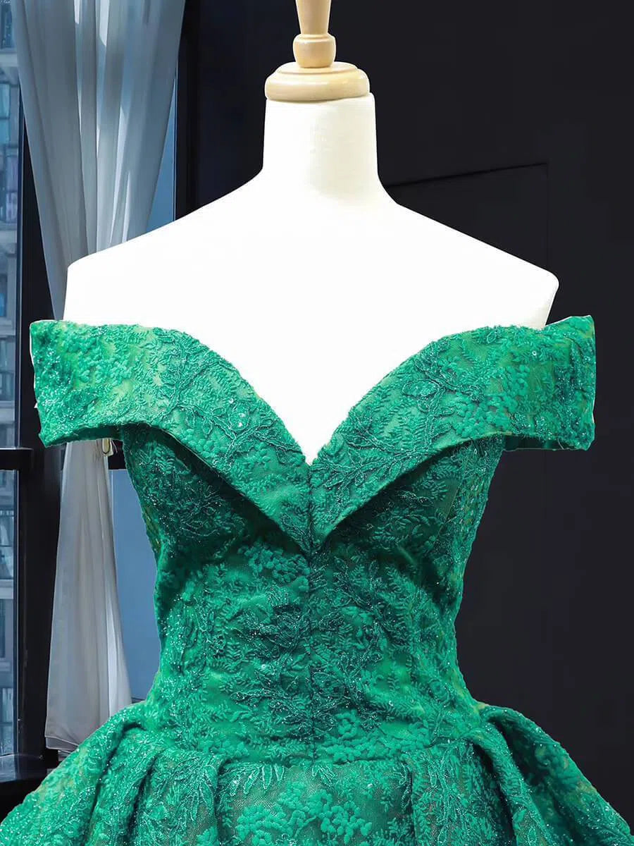 Emerald Green Lace Princess Prom Dresses Modest Ball Gowns FD1302 viniodress-prom dresses 2025 -Viniodress-Emerald Green-Custom Size-