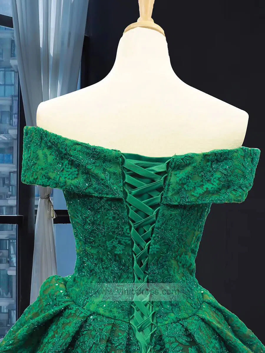 Prom Dress 2025 Emerald Green Lace Princess Prom Dresses Modest Ball Gowns FD1302 viniodress-unique prom dresses-Emerald Green-Custom Size-Viniodress