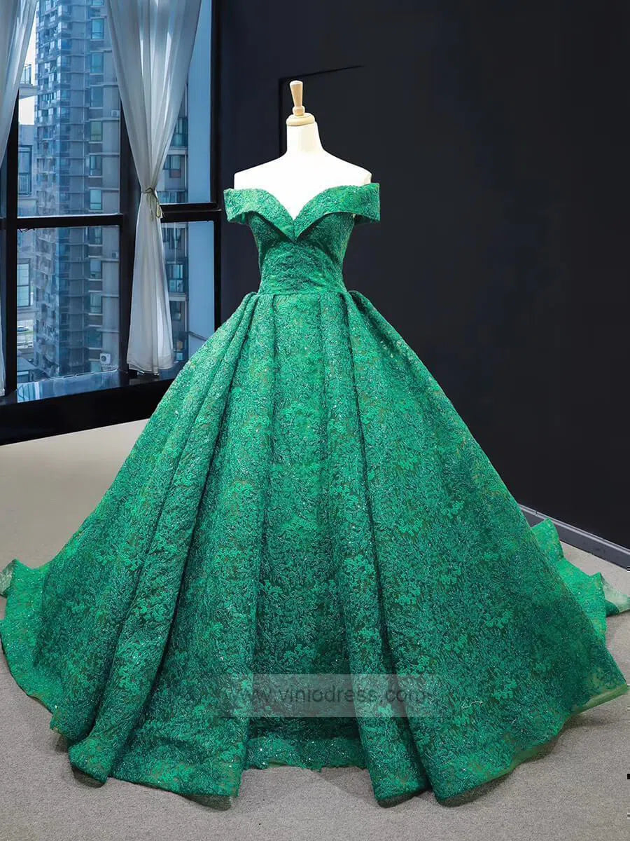 Prom Dress 2025 Emerald Green Lace Princess Prom Dresses Modest Ball Gowns FD1302 viniodress-unique prom dresses-Emerald Green-Custom Size-Viniodress