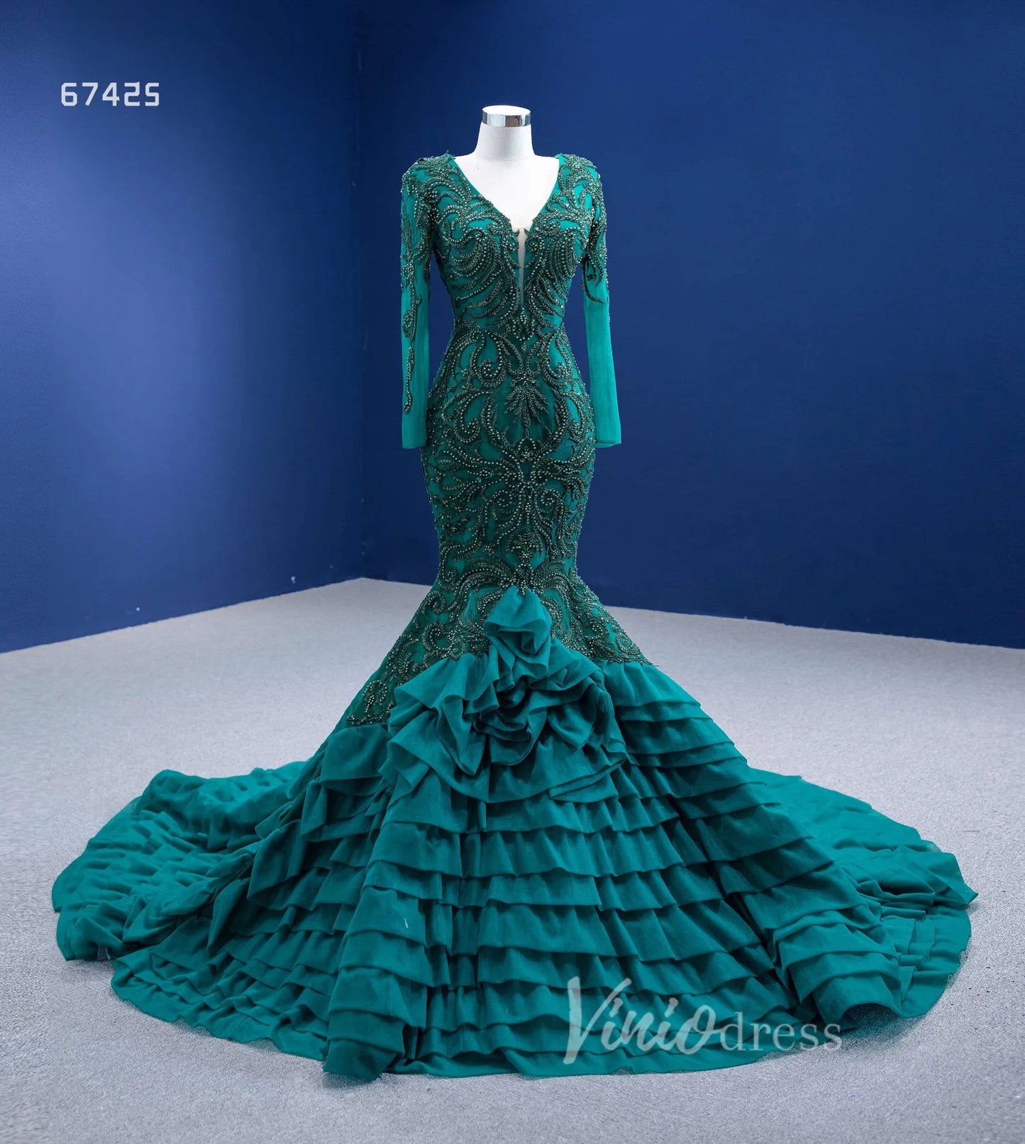 Emerald Green Long Sleeve Mermaid Prom Dress Beaded Tiered Pageant Gown 67425 VINIODRESS-Evening Dresses 2025 -Viniodress-Emerald Green-Custom Size-