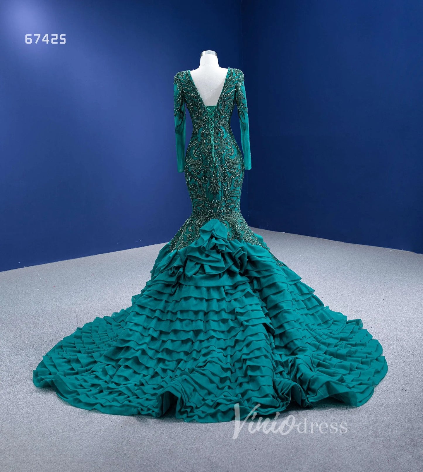 Emerald Green Long Sleeve Mermaid Prom Dress Beaded Tiered Pageant Gown 67425 VINIODRESS-Evening Dresses 2025 -Viniodress-Emerald Green-Custom Size-