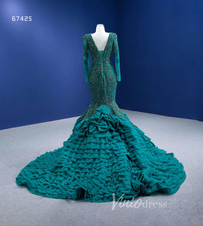 Emerald Green Long Sleeve Mermaid Prom Dress Beaded Tiered Pageant Gown 67425 VINIODRESS-Evening Dresses 2025 -Viniodress-Emerald Green-Custom Size-