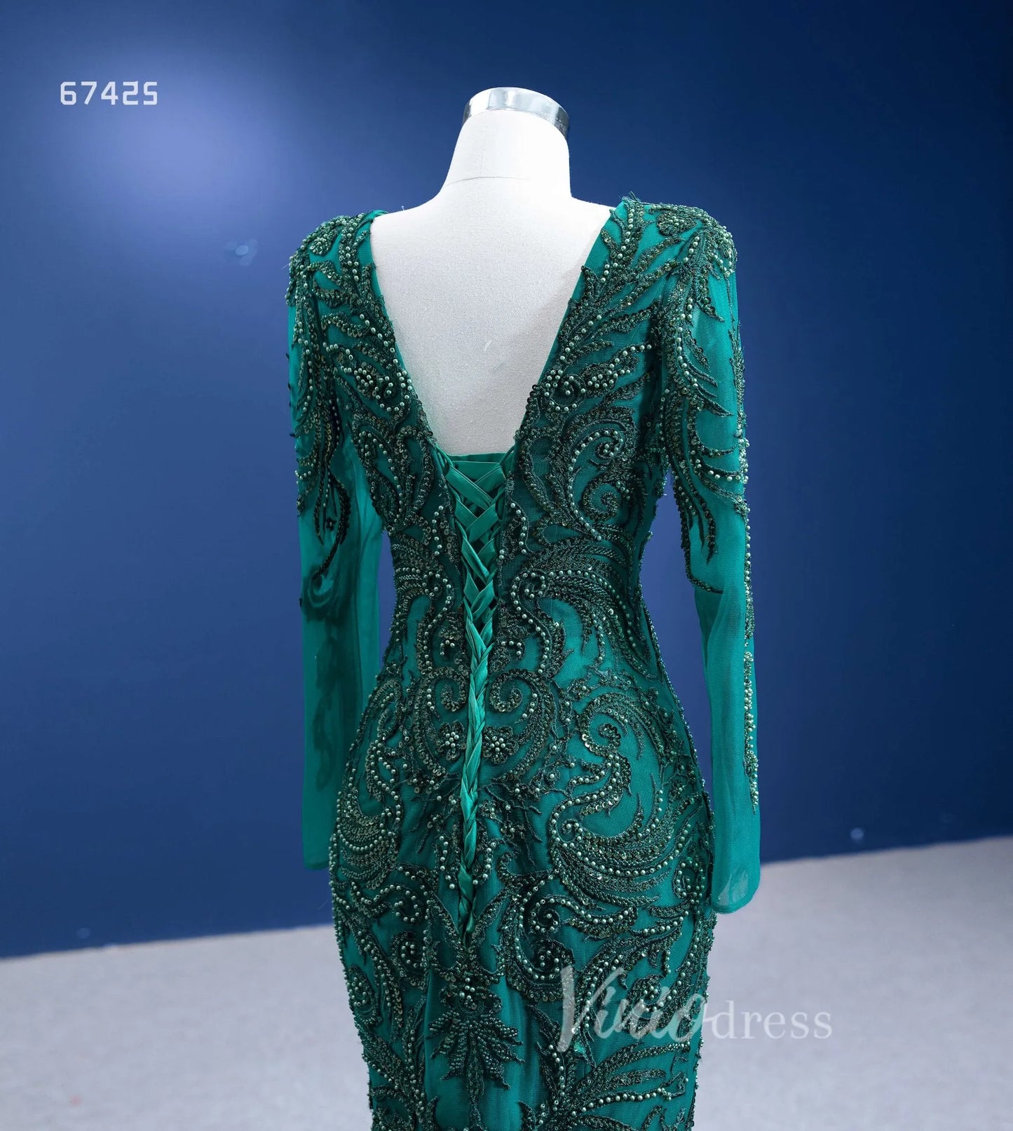 Emerald Green Long Sleeve Mermaid Prom Dress Beaded Tiered Pageant Gown 67425 VINIODRESS-Evening Dresses 2025 -Viniodress-Emerald Green-Custom Size-
