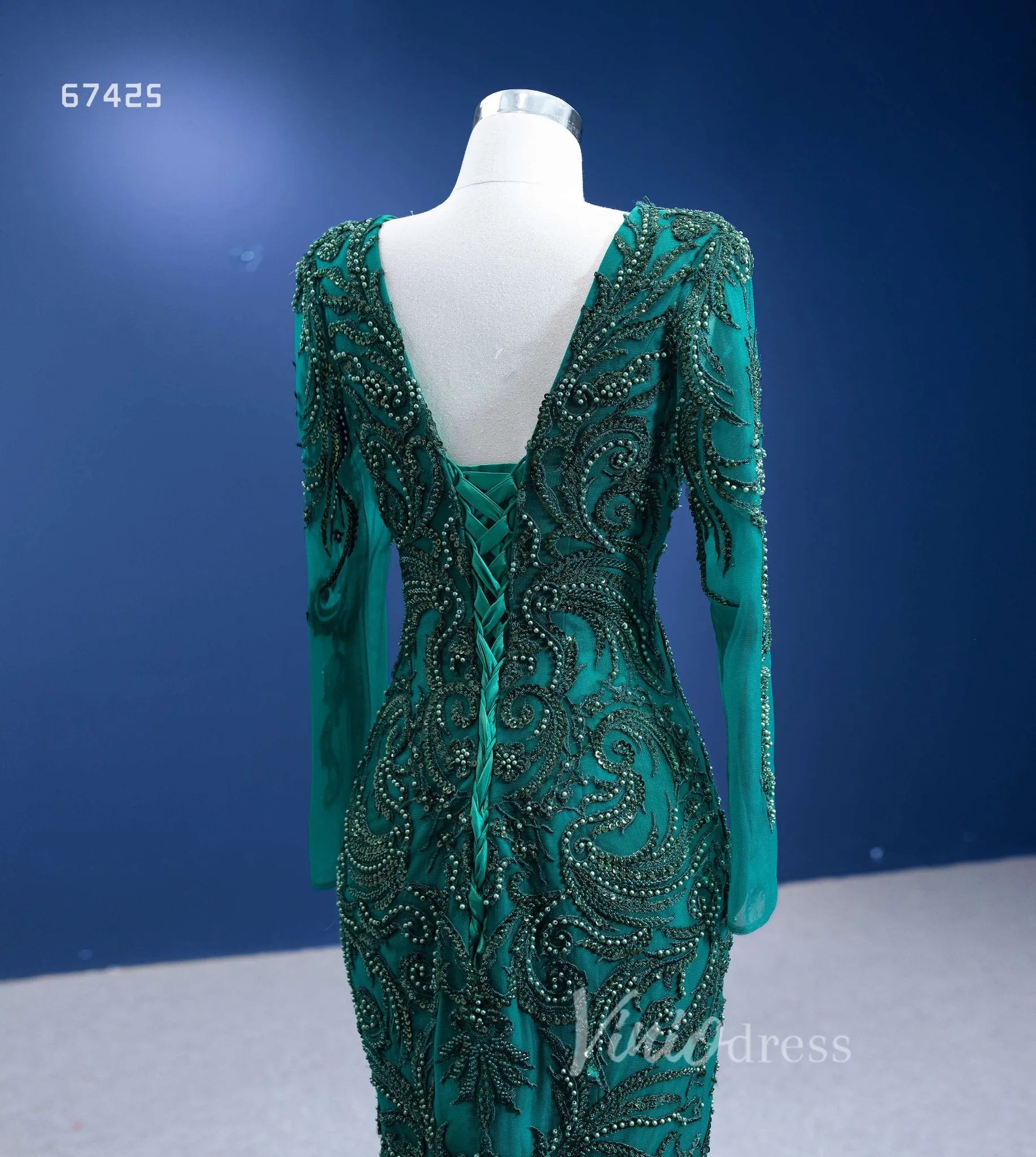 Emerald Green Long Sleeve Mermaid Prom Dress Beaded Tiered Pageant Gown 67425 VINIODRESS-Evening Dresses 2025 -Viniodress-Emerald Green-Custom Size-