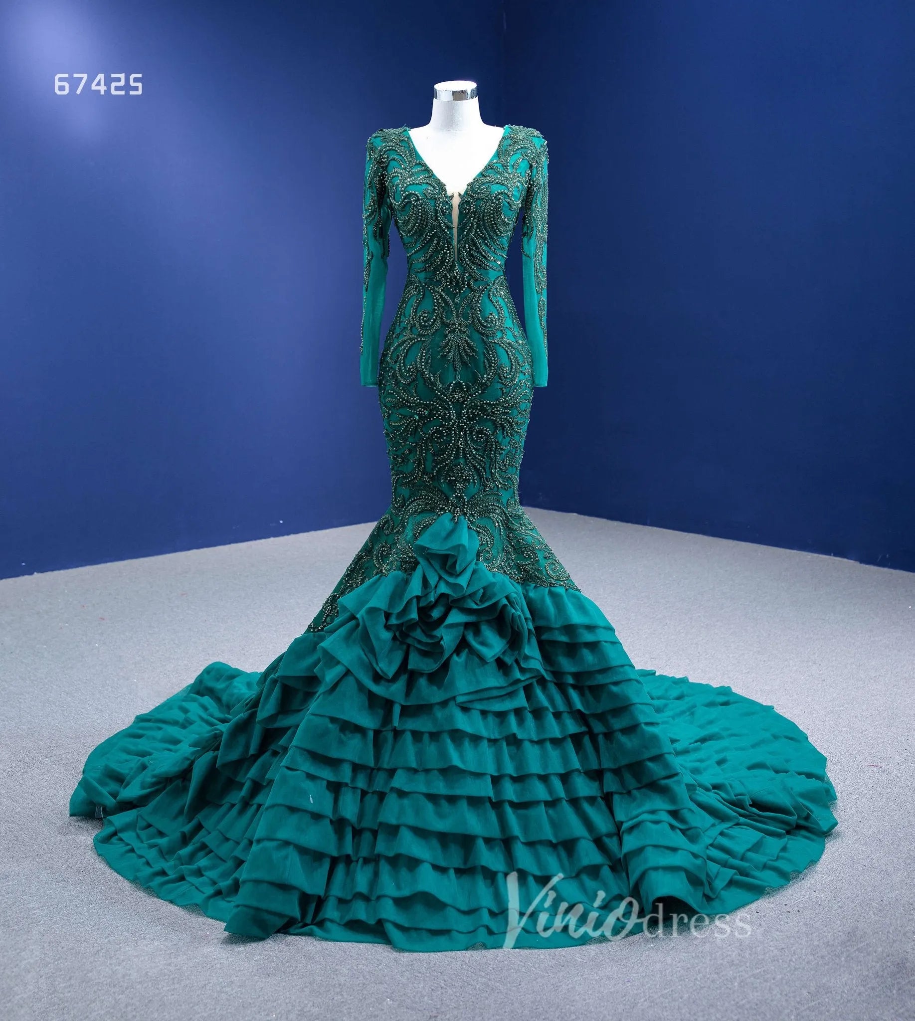 Emerald Green Long Sleeve Mermaid Prom Dress Beaded Tiered Pageant Gown 67425 VINIODRESS-Evening Dresses 2025 -Viniodress-Emerald Green-Custom Size-