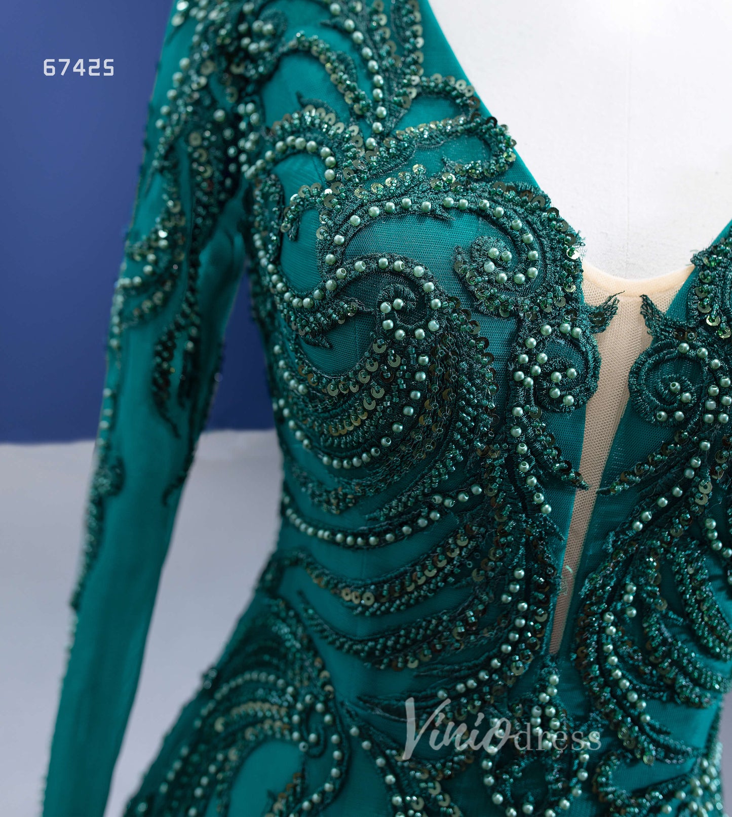 Prom Dress 2025 Emerald Green Long Sleeve Mermaid Prom Dress Beaded Tiered Pageant Gown 67425 VINIODRESS-unique prom dresses-Emerald Green-Custom Size-Viniodress