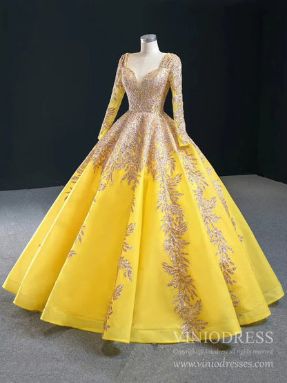 Emerald Green Long Sleeve Muslim Wedding Dress Gold Lace Quinceanera Dresses FD2402 viniodress-Quinceanera Dresses 2025 -Viniodress-Dark Green-Custom Size-