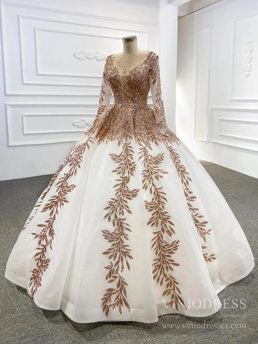 Emerald Green Long Sleeve Muslim Wedding Dress Gold Lace Quinceanera Dresses FD2402 viniodress-Quinceanera Dresses 2025 -Viniodress-Dark Green-Custom Size-