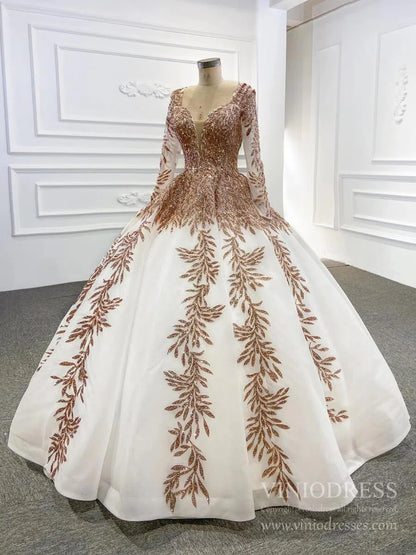 Emerald Green Long Sleeve Muslim Wedding Dress Gold Lace Quinceanera Dresses FD2402 viniodress-Quinceanera Dresses 2025 -Viniodress-Dark Green-Custom Size-