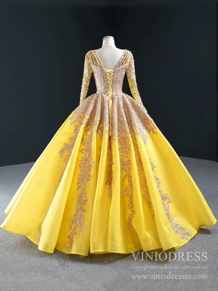 Emerald Green Long Sleeve Muslim Wedding Dress Gold Lace Quinceanera Dresses FD2402 viniodress-Quinceanera Dresses 2025 -Viniodress-Dark Green-Custom Size-