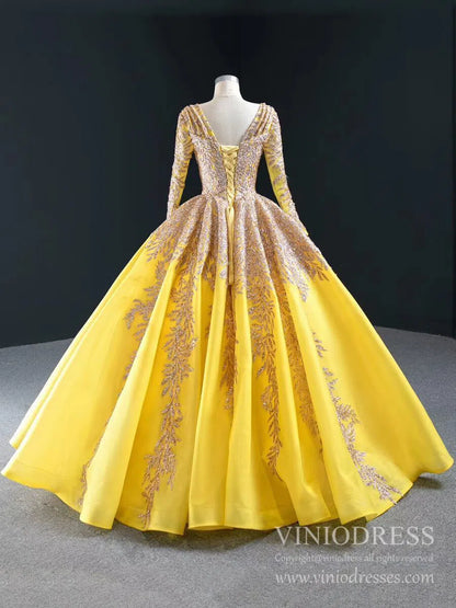 Emerald Green Long Sleeve Muslim Wedding Dress Gold Lace Quinceanera Dresses FD2402 viniodress-Quinceanera Dresses 2025 -Viniodress-Dark Green-Custom Size-