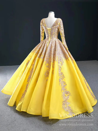 Emerald Green Long Sleeve Muslim Wedding Dress Gold Lace Quinceanera Dresses FD2402 viniodress-Quinceanera Dresses 2025 -Viniodress-Dark Green-Custom Size-