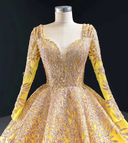 Emerald Green Long Sleeve Muslim Wedding Dress Gold Lace Quinceanera Dresses FD2402 viniodress-Quinceanera Dresses 2025 -Viniodress-Dark Green-Custom Size-