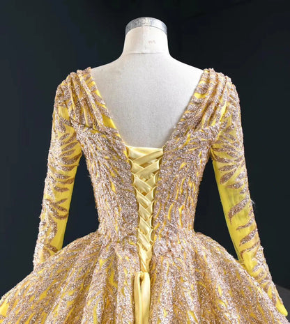 Emerald Green Long Sleeve Muslim Wedding Dress Gold Lace Quinceanera Dresses FD2402 viniodress-Quinceanera Dresses 2025 -Viniodress-Dark Green-Custom Size-