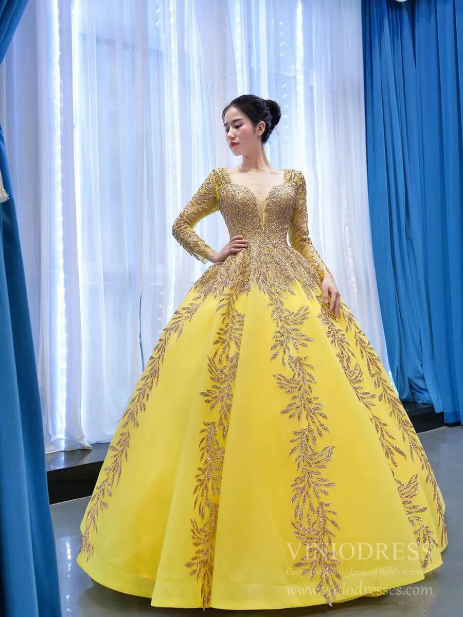 Emerald Green Long Sleeve Muslim Wedding Dress Gold Lace Quinceanera Dresses FD2402 viniodress-Quinceanera Dresses 2025 -Viniodress-Dark Green-Custom Size-