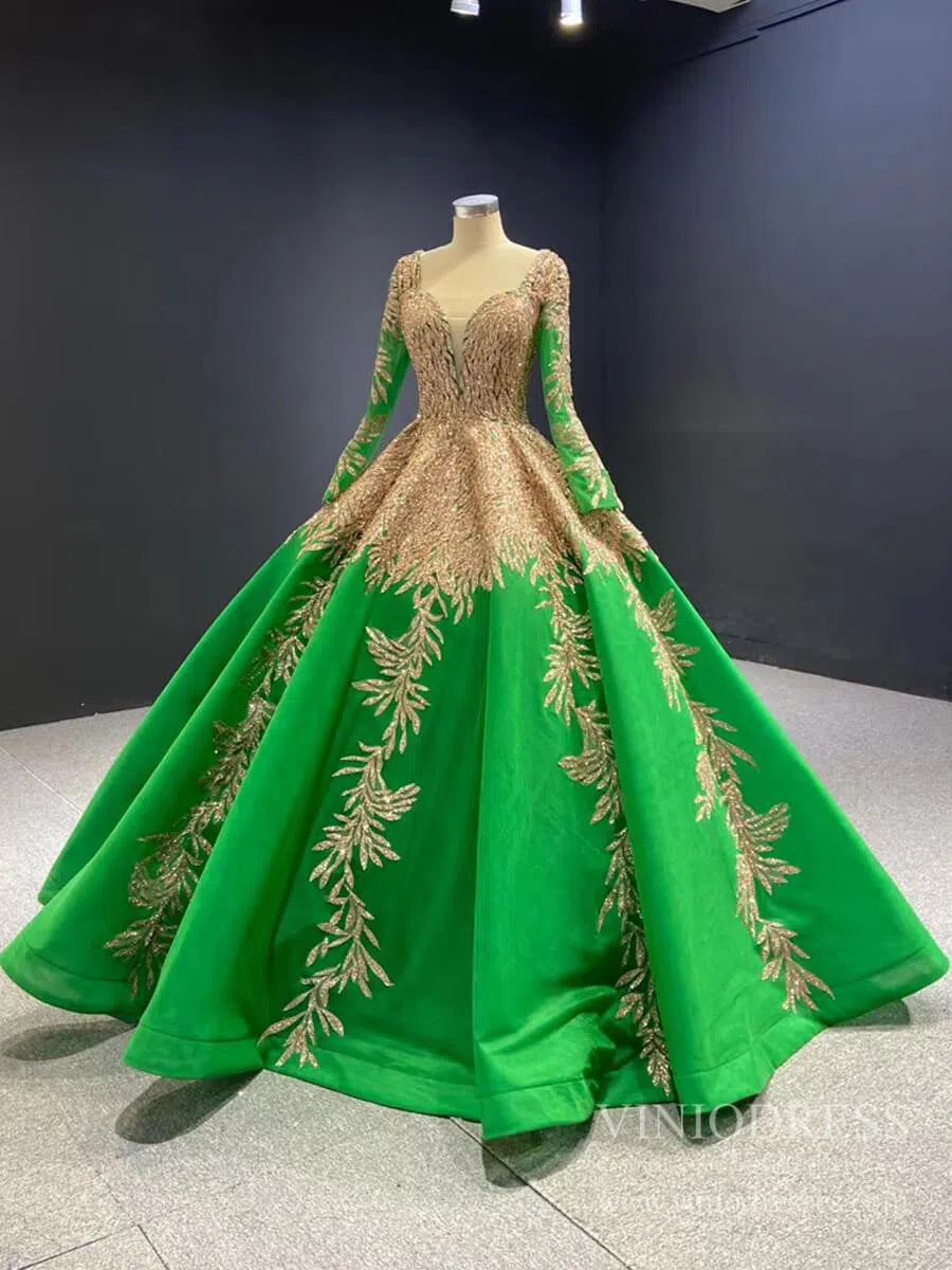 Emerald Green Long Sleeve Muslim Wedding Dress Gold Lace Quinceanera Dresses FD2402 viniodress-Quinceanera Dresses 2025 -Viniodress-Dark Green-Custom Size-