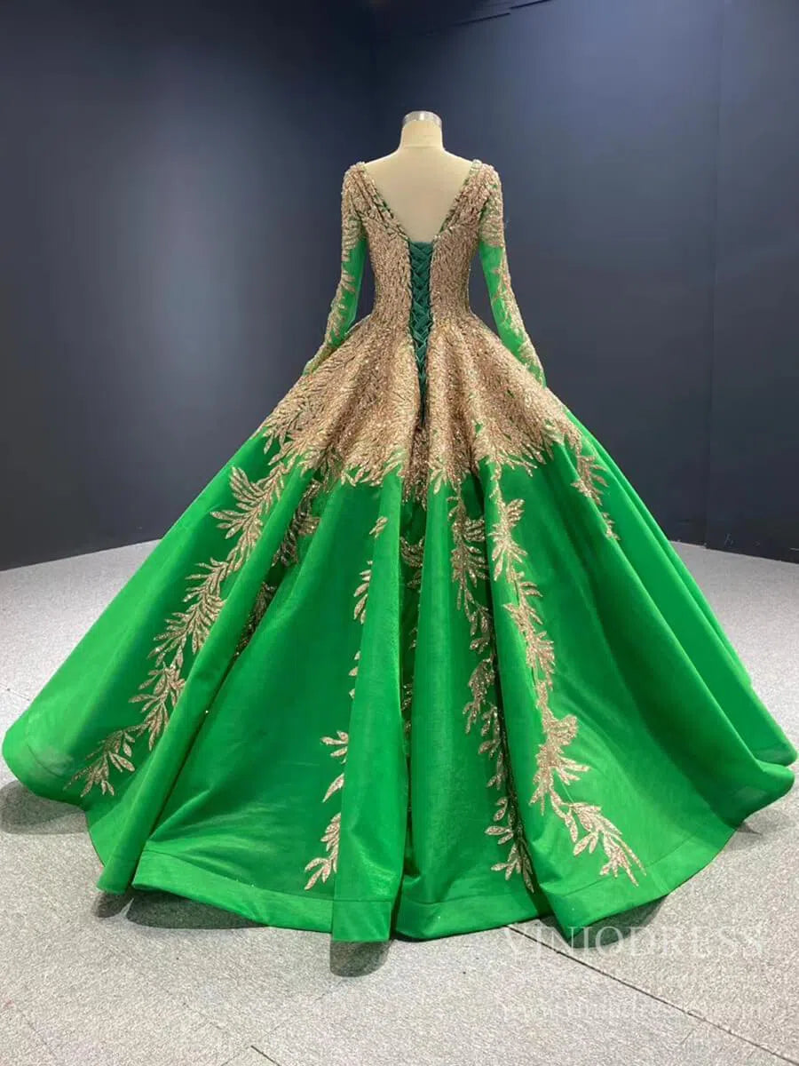 Emerald Green Long Sleeve Muslim Wedding Dress Gold Lace Quinceanera Dresses FD2402 viniodress-Quinceanera Dresses 2025 -Viniodress-Dark Green-Custom Size-