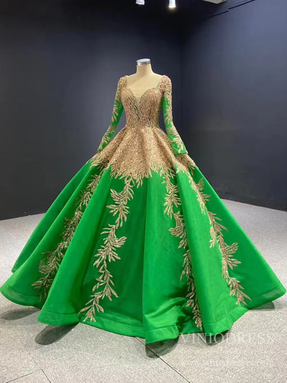 Emerald Green Long Sleeve Muslim Wedding Dress Gold Lace Quinceanera Dresses FD2402 viniodress-Quinceanera Dresses 2025 -Viniodress-Dark Green-Custom Size-