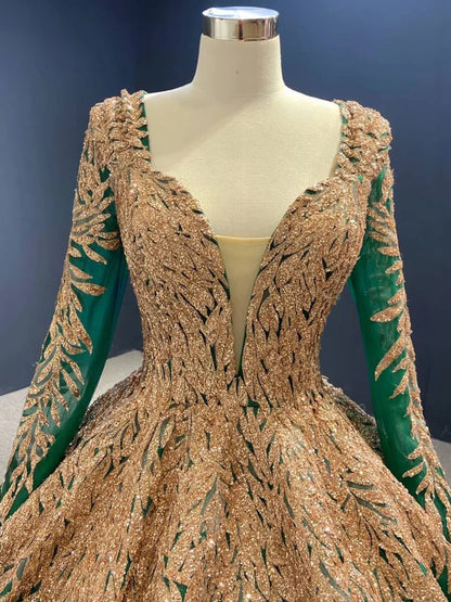 Emerald Green Long Sleeve Muslim Wedding Dress Gold Lace Quinceanera Dresses FD2402 viniodress-Quinceanera Dresses 2025 -Viniodress-Dark Green-Custom Size-