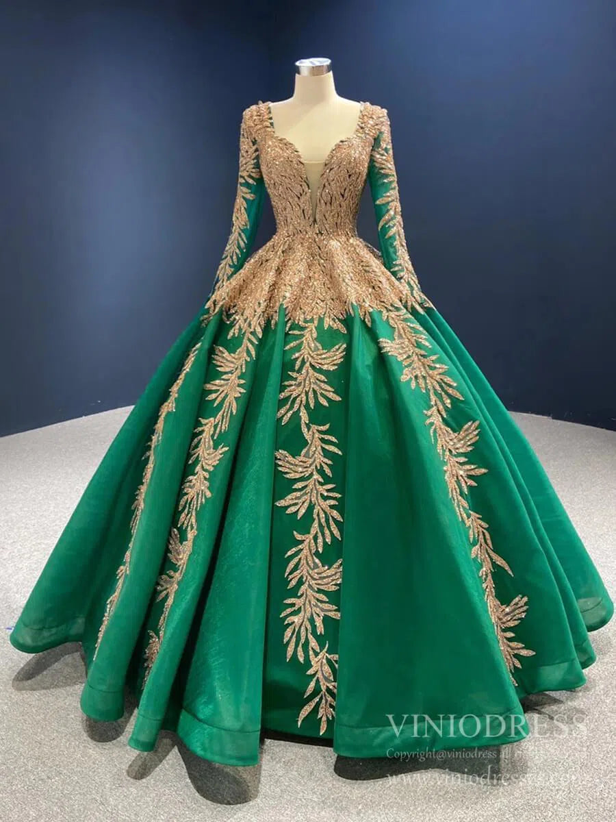 Emerald Green Long Sleeve Muslim Wedding Dress Gold Lace Quinceanera Dresses FD2402 viniodress-Quinceanera Dresses 2025 -Viniodress-Dark Green-Custom Size-