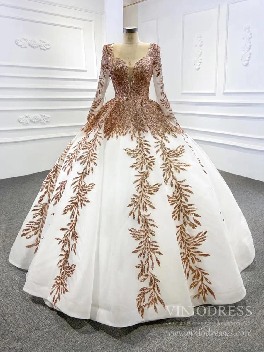 Emerald Green Long Sleeve Muslim Wedding Dress Gold Lace Quinceanera Dresses FD2402 viniodress-Quinceanera Dresses 2025 -Viniodress-Ivory-Custom Size-