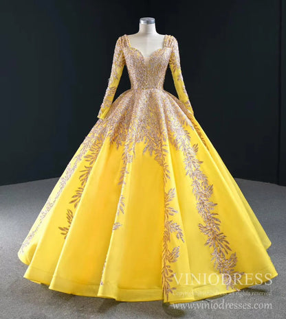 Emerald Green Long Sleeve Muslim Wedding Dress Gold Lace Quinceanera Dresses FD2402 viniodress-Quinceanera Dresses 2025 -Viniodress-Yellow-Custom Size-