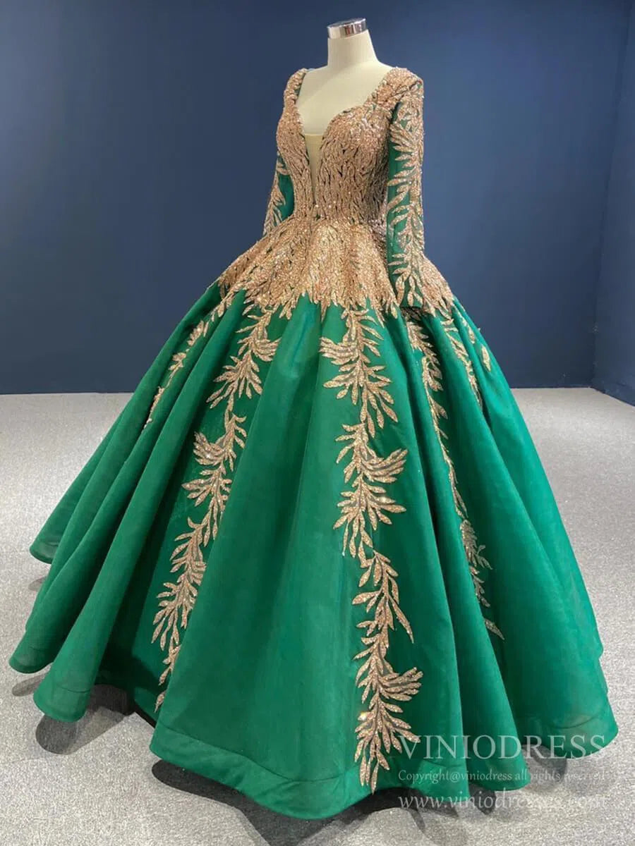 Quinceanera Dresses 2025 Emerald Green Long Sleeve Muslim Wedding Dress Gold Lace Quinceanera Dresses FD2402 viniodress-plus size wedding dresses Viniodress-Dark Green-Custom Size-