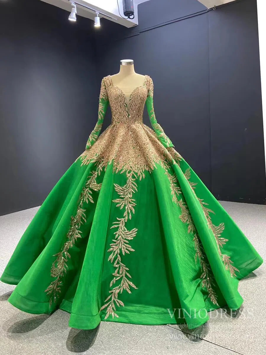 Quinceanera Dresses 2025 Emerald Green Long Sleeve Muslim Wedding Dress Gold Lace Quinceanera Dresses FD2402 viniodress-plus size wedding dresses Viniodress-Green-Custom Size-