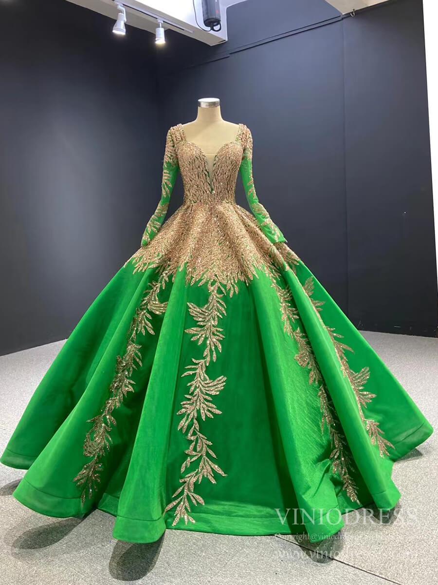 Prom Dress 2025 Emerald Green Long Sleeve Muslim Wedding Dress Gold Lace Quinceanera Dresses FD2402 viniodress-unique Quinceanera Dresses-Green-Custom Size-Viniodress