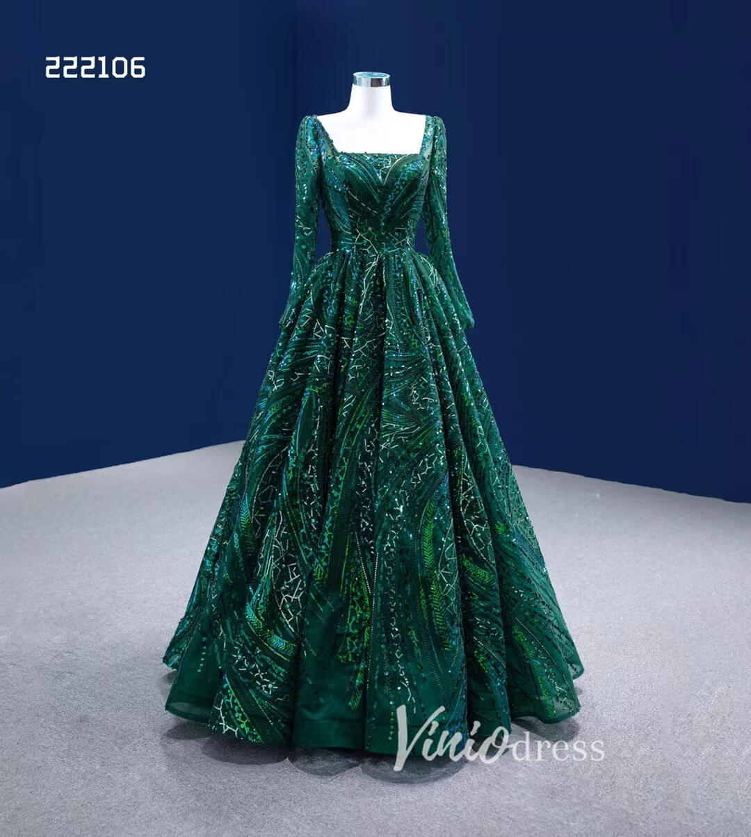 Emerald Green Long Sleeve Prom Dress Square Neck, Sparkly Lace, Corset Back Formal Gown 222106-prom dresses 2025 -Viniodress-Emerald Green-Custom Size-